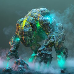 monster in neon light and fog. - obrazy, fototapety, plakaty