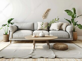 Beige carpet on wooden floor in the style of scandinavian living room interior with gray sofa