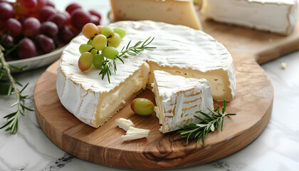 Wooden board with tasty Camembert cheese on table