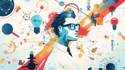 A man with glasses is surrounded by a lot of different shapes and colors