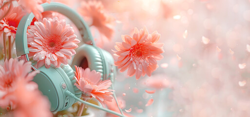 Pale greens over-ear headphones adorned with of fresh peach gerberas on pink background. Visually...