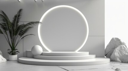 A white room with a large white circle in the middle