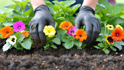 Woman repotting flower plants at home garden.