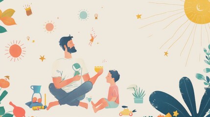 A man and a child are sitting on the ground, with the man holding a cup - Powered by Adobe