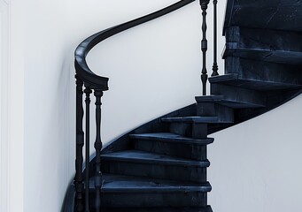 Black spiral staircase with black metal handrail and white wall background. The spiral stairs have...