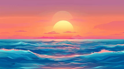 Foto op Plexiglas  A vector illustration portrays the serene beauty of a sunset or summer sunrise over the sea, with calm waves gently lapping against the shore. The scene is bathed in bright, warm colors © Azad