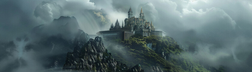 A grand fantasy castle perched on a mountain, enveloped by mystical clouds, echoing tales of old - obrazy, fototapety, plakaty