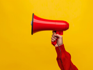 A hand in a red sleeve holding a megaphone against a vibrant yellow background, making a loud announcement - obrazy, fototapety, plakaty