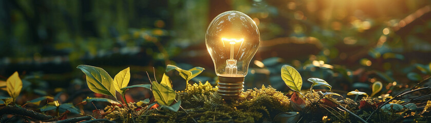 A lightbulb amidst serene natural settings, representing peaceful innovation and sustainable energy - obrazy, fototapety, plakaty