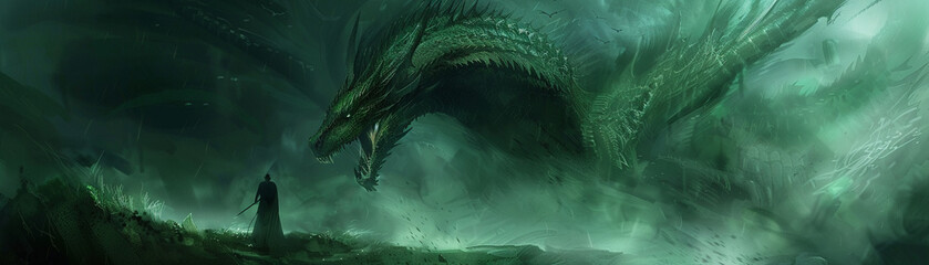 A menacing green dragon in a dark fantasy landscape, fierce and majestic in its mythical presence - obrazy, fototapety, plakaty