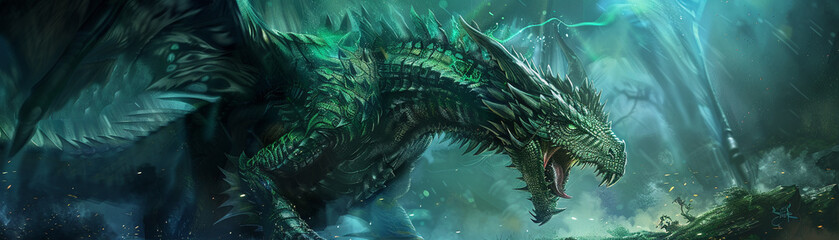 A menacing green dragon in a dark fantasy landscape, fierce and majestic in its mythical presence