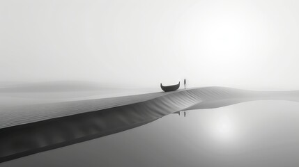 A figure with a boat, lost in the sand dunes, drifting off into the distance