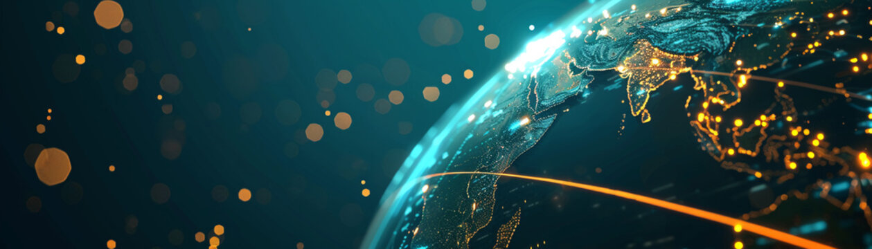 A globe illuminated by the lights of a data network, representing global connectivity and digital integration
