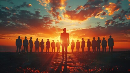 Silhouetted Professionals Emerge into the Vibrant Sunset a Vision of Teamwork and Corporate Success - obrazy, fototapety, plakaty