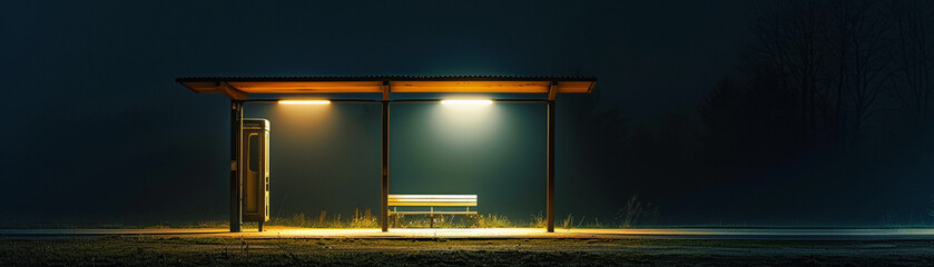 A single light illuminates an isolated bus stop during a quiet night, creating a stark contrast with the surrounding darkness