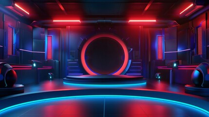 A futuristic room with a red and blue neon light