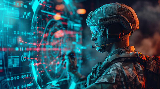 A soldier equipped with hologram technology, analyzing tactical data in a digitally enhanced battlefield