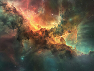 A vast nebula filled with cosmic dust, its mystical colors painting the darkness of space