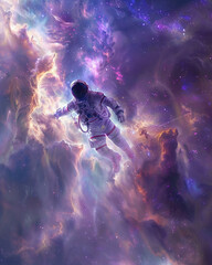 An astronaut embarks on a journey through a mesmerizing nebula, the infinite space a frontier for exploration - obrazy, fototapety, plakaty