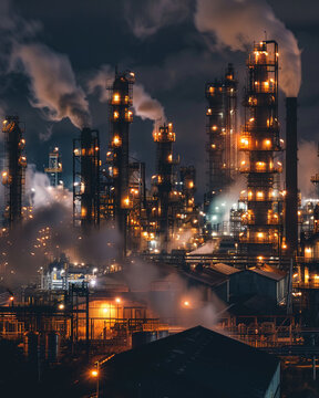An industrial landscape at night, where the lights of a refinery paint a picture of continuous production
