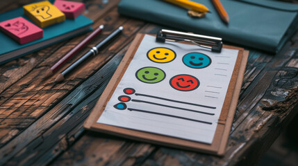 Clipboard with a survey filled with feedback and emoticons, capturing user reactions in a colorful and engaging way
