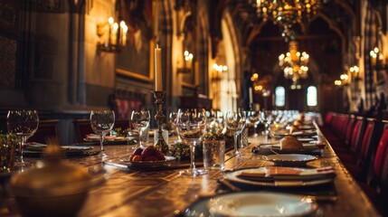 Dine like royalty in the castles grand dining hall feasting on sumptuous dishes prepared with local seasonal ingredients. 2d flat cartoon.