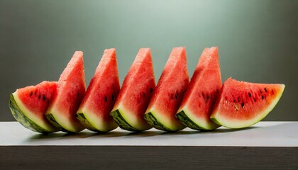 Juicy bright red watermelon slices lined up