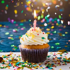 Festive frosted birthday cupcake with burning candle and confetti