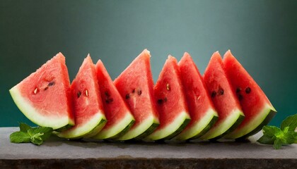 Juicy bright red watermelon slices lined up