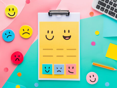 Colorful feedback forms on a clipboard, enhanced with emoticons to capture diverse participant reactions