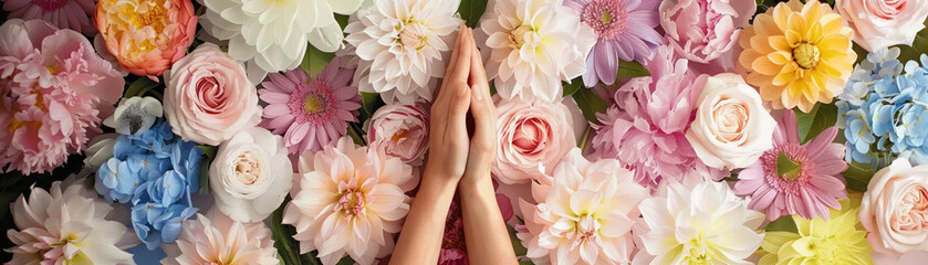 Creatively arranging pastel flowers, hands work to create a visually soothing and inspiring floral display