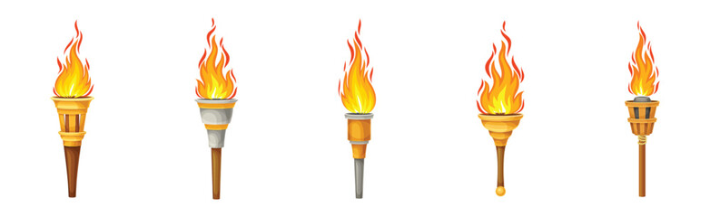 Torch with Bright Burning Fire Flame Vector Set