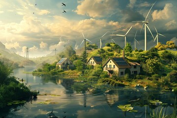 utopian futuristic green countryside landscape with wind power plant park in the background during pleasant spring or summer day, happy environment version after all pollution issues resolved