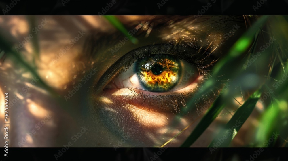 Poster standing out amidst the rest a pair of piercing amber eyes with flecks of gold and green like shards