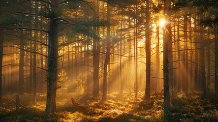 Early morning mist in the forest, with golden sunlight filtering through the trees at sunrise