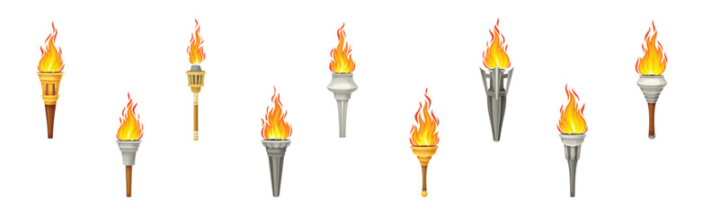 Torch with Bright Burning Fire Flame Vector Set