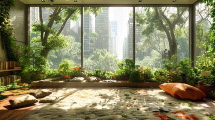 Modern Urban Park with Skyscrapers and Lush Greenery, Sunny Day in Shanghais Financial District
