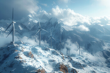 A mountain range adorned with wind turbines, blending seamlessly with the natural landscape while generating clean energy. Concept of renewable energy aesthetics. Generative Ai. - Powered by Adobe