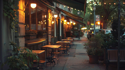 Fototapeta na wymiar Evening at a peaceful sidewalk cafe, the green awning casting gentle shadows in the tranquil setting