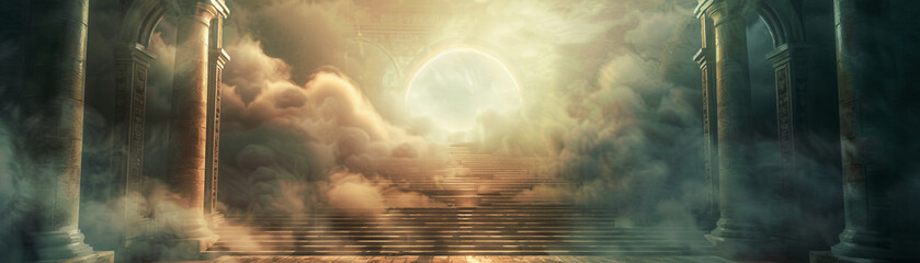 Ethereal stairway encircled by light, columns rising into the clouds, a pathway to a mystical realm - obrazy, fototapety, plakaty