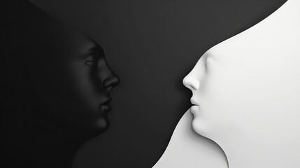 Black and white background. Confrontation of two personalities. Two faces in profile symbolizing two forces. Yin yang