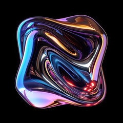 Neon fluid forms liquid metallic square shape isolated on black background.