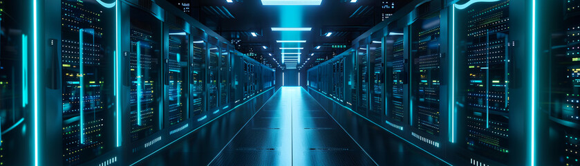 Fototapeta premium Futuristic data center lined with servers illuminated by blue lights, a high-tech hub of modern technology