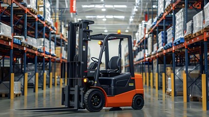 Smart Warehouse Forklift: Real-Time Inventory Tracking. Concept Smart Technology, Warehouse Management, Real-Time Tracking, Forklift Automation, Inventory Optimization - obrazy, fototapety, plakaty