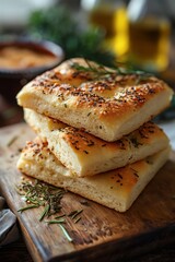 Stack of freshly baked focaccia with sesame and herbs on a wooden board, kitchen background