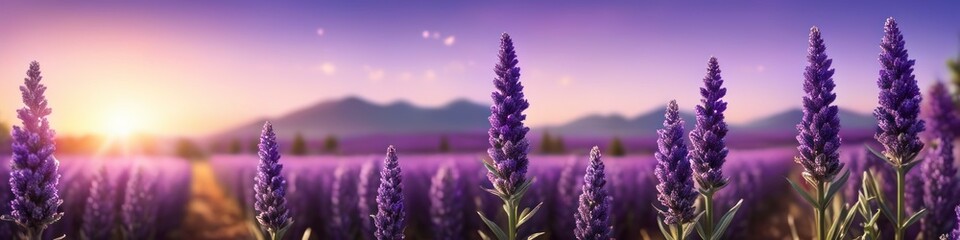 Abstract midsummer colorful illustration of lavender against purple sunset, ecology theme, blurred background for social media banner design, website and for your design, space for text	
