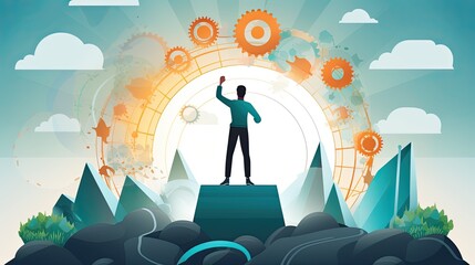 Scene featuring a person surrounded by motivating elements, supporting their determination to achieve a goal. Inspiring imagery for success and perseverance, Generative AI.