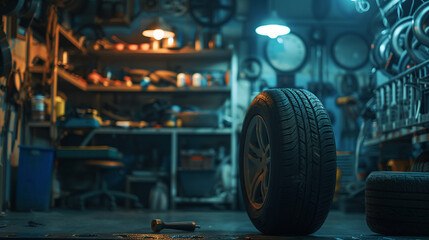 Intense focus in a mechanic's workshop at night as a car tire is expertly fitted, tools gleaming in the low light