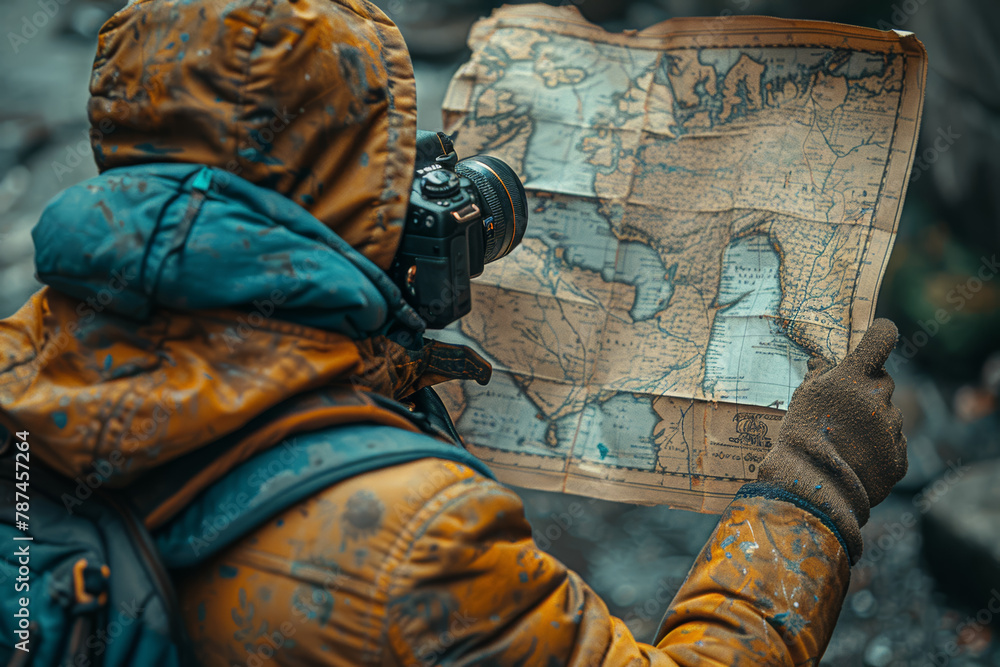 Poster a wanderer's map marked with destinations unknown, where dreams guide the journey into the unknown. 