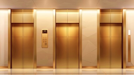 Golden elevator doors in an office hallway, showing different states from closed to half-open and fully open, reflecting a luxurious corporate environment